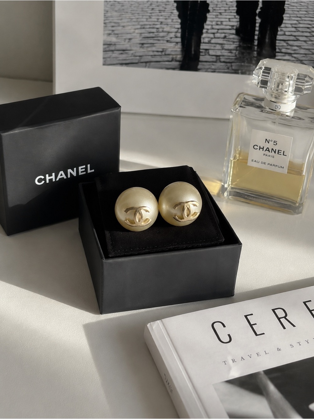 Authentic Chanel Large CC Faux Pearl Statement Stud Earrings